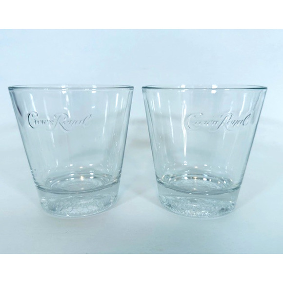Crown Royal Lowball 2 Whisky Glasses Embossed Logo side &bottom Cocktail Barwear - Picture 1 of 14
